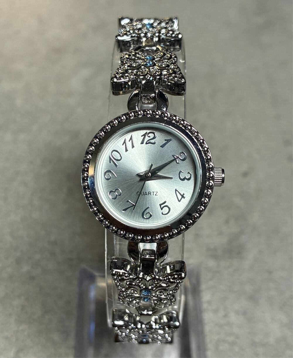 BWC New Women’s Butterfly Watch Silver Sunburst Dial Blue Gem Bracelet 23mm